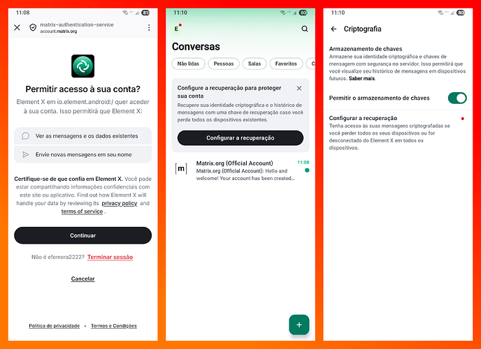 Permissão de aplicativo e recomendação de criar chave de recuperação