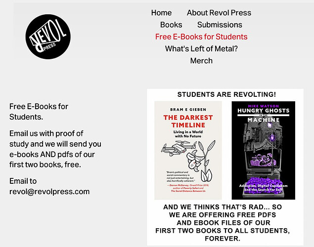 Captura de tela do site da RevolPress, distribuindo os 2 ebooks de graça pra estudantes.